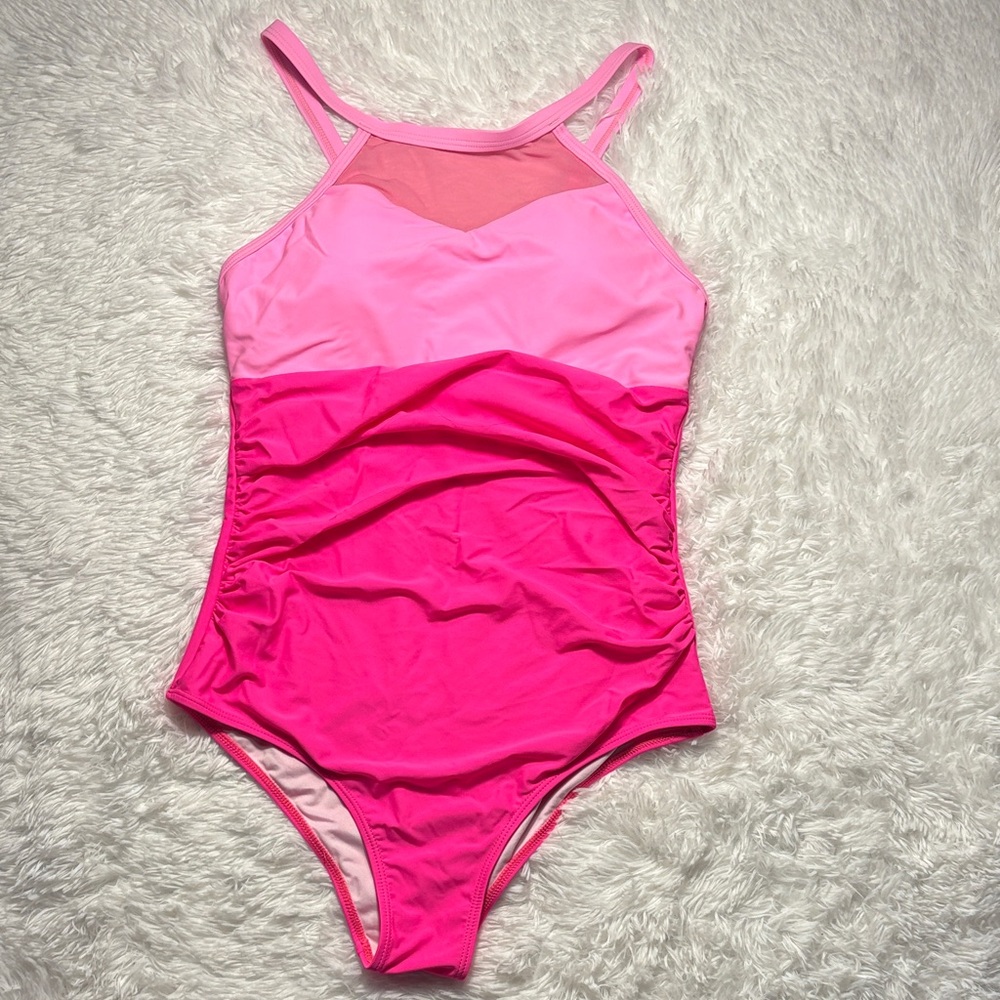 NWOT From Amazon Bright Pink & Light Pink Mesh Front High Neck One PC Swimsuit M